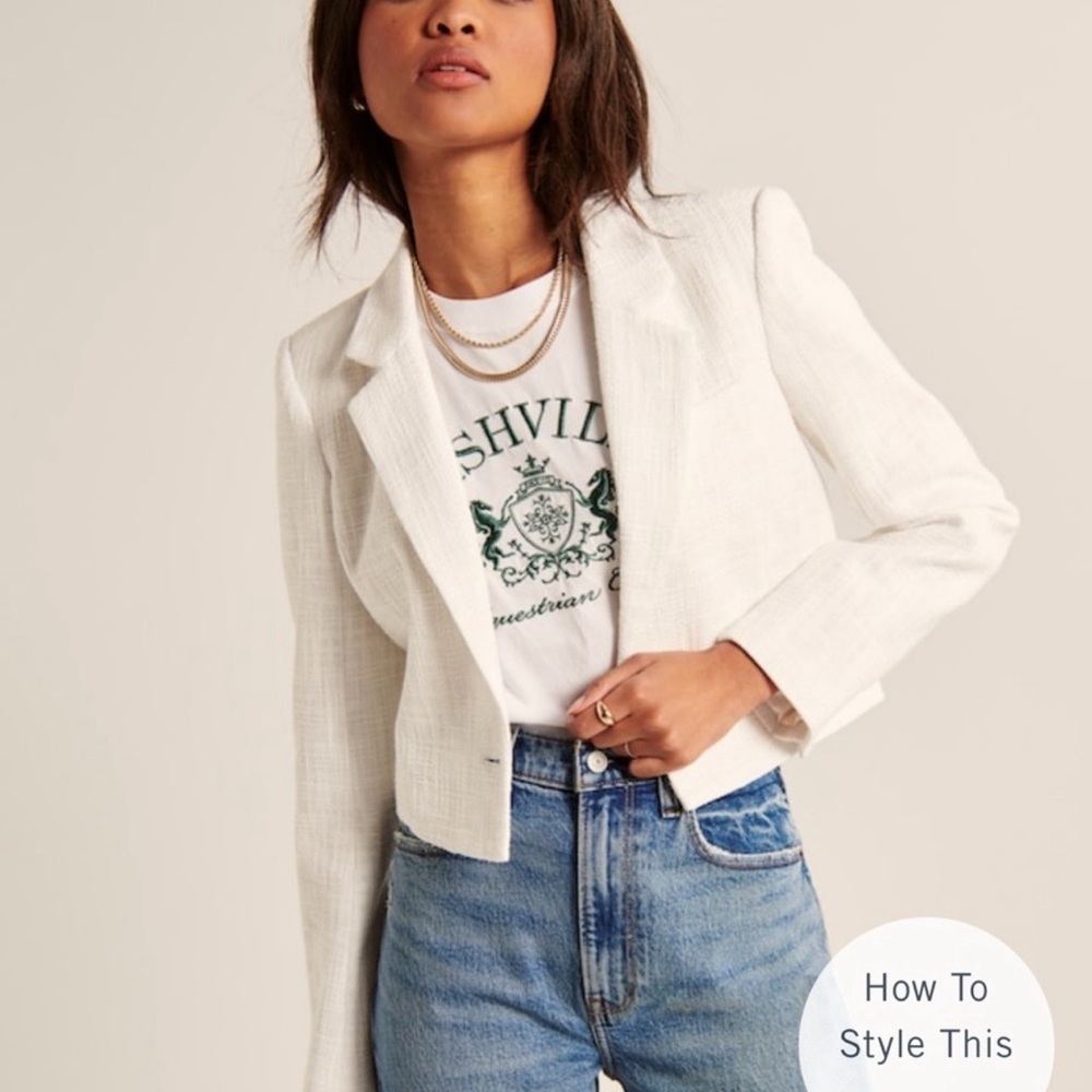 Abercrombie Cropped Tweed Blazer in White